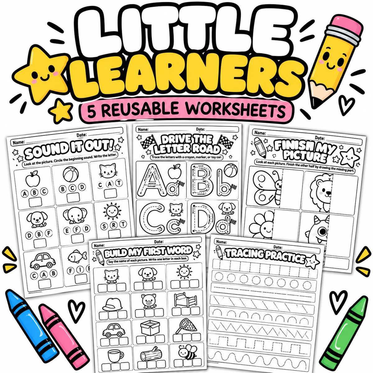 Little Learners: 5 Preschool Printable Worksheets + Supplies for Hands-On Practice