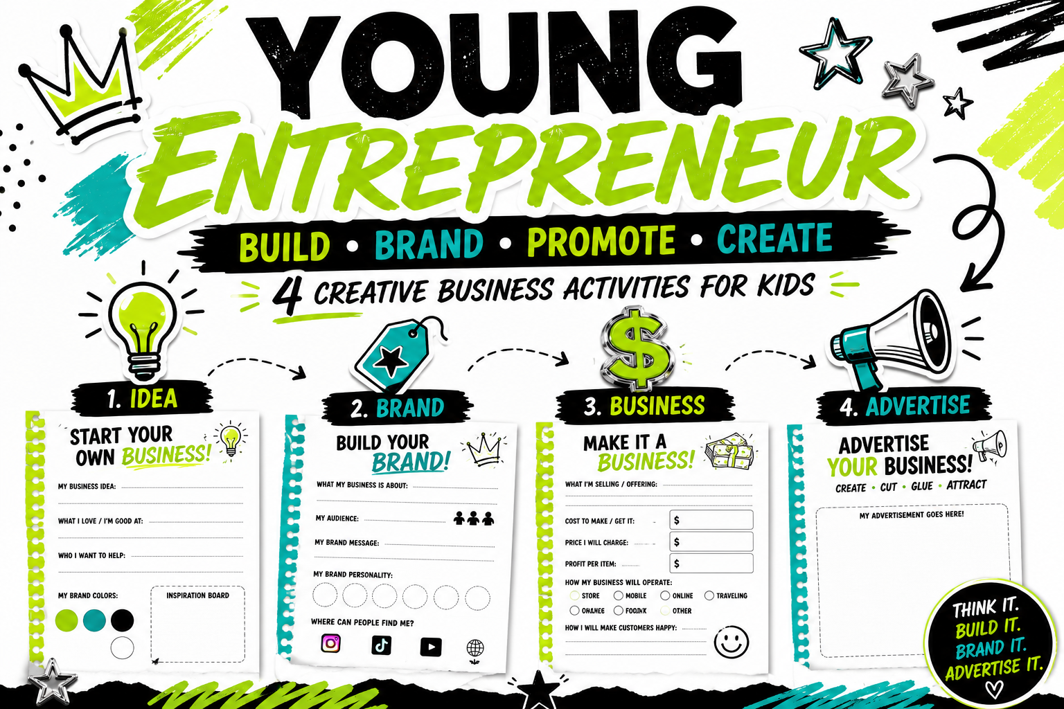 Young Entrepreneur Business Workbook: 4 Creative Worksheets for Kids