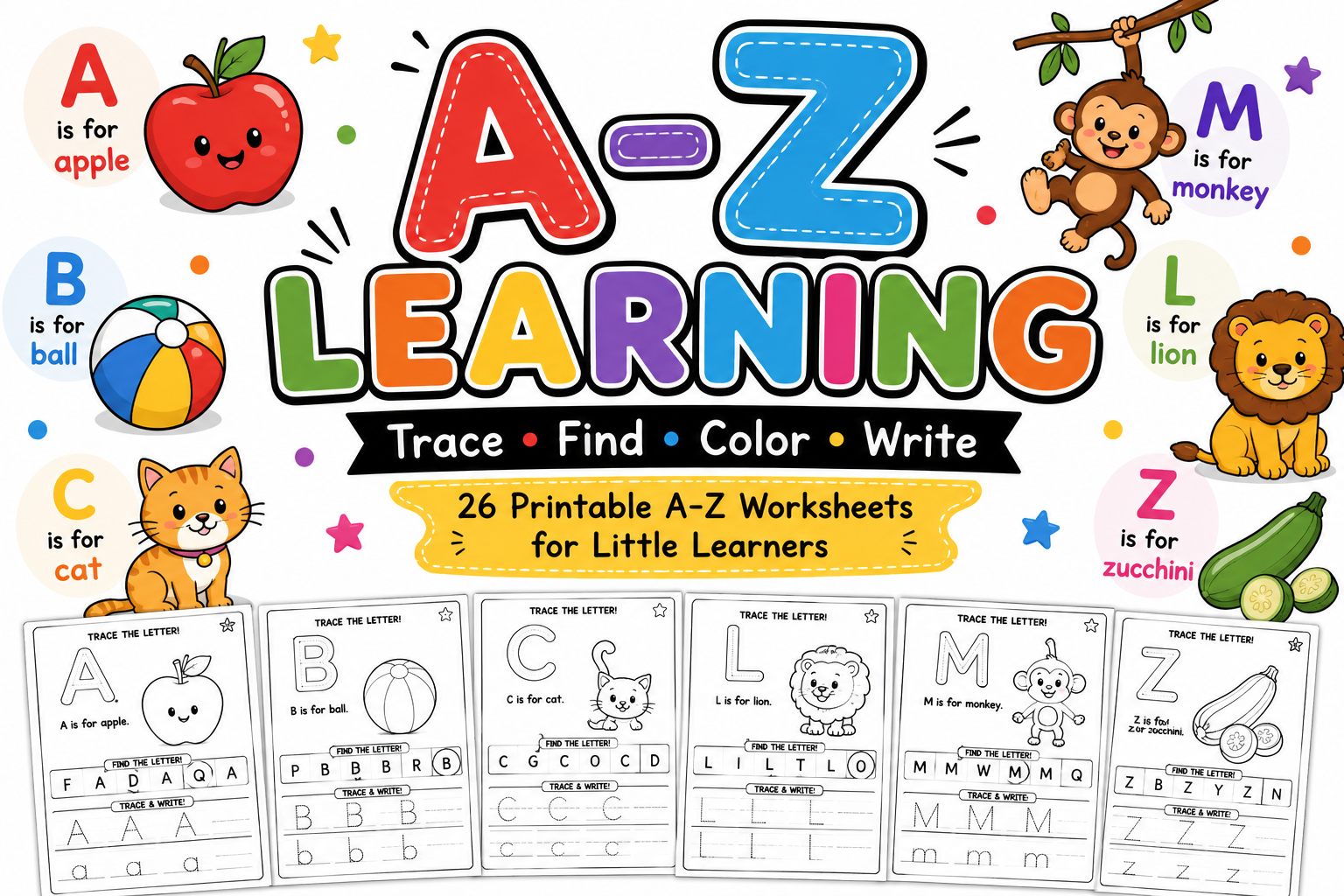 FREE ABC LEARNING WORKSHEETS! Trace • Find • Color • Write
