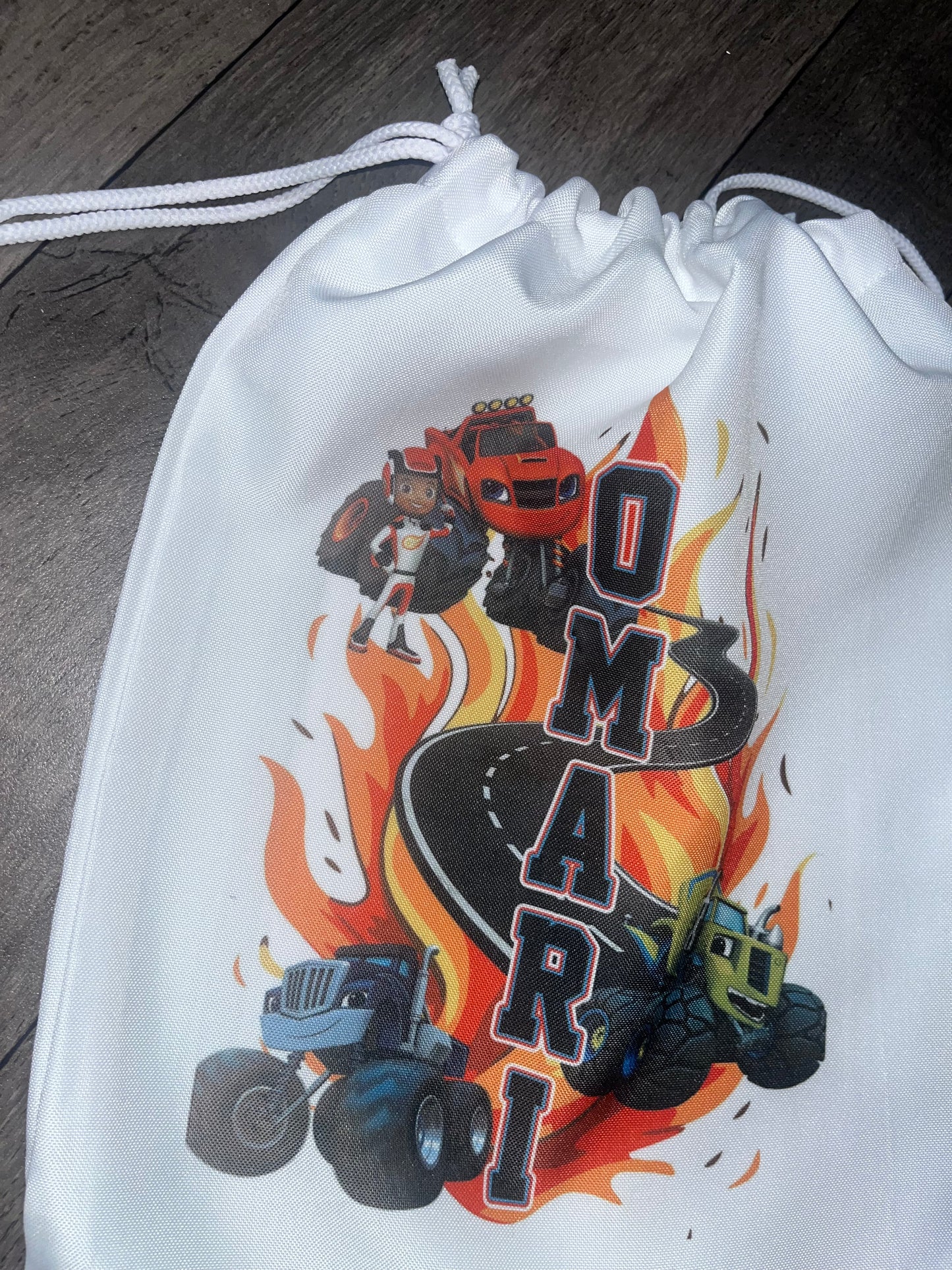 BLAZE Themed White Drawstring Bag for Boy