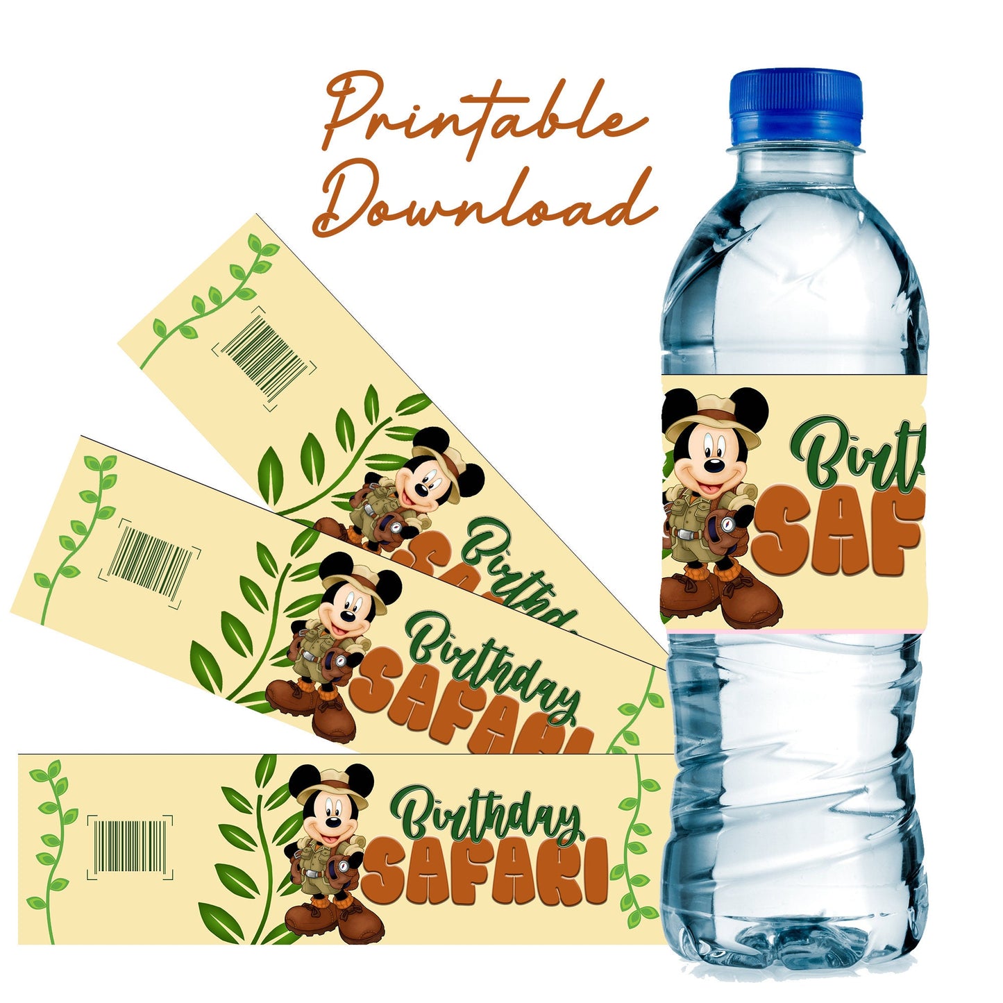 Mickey Safari Birthday Party Water Bottle Label PNG