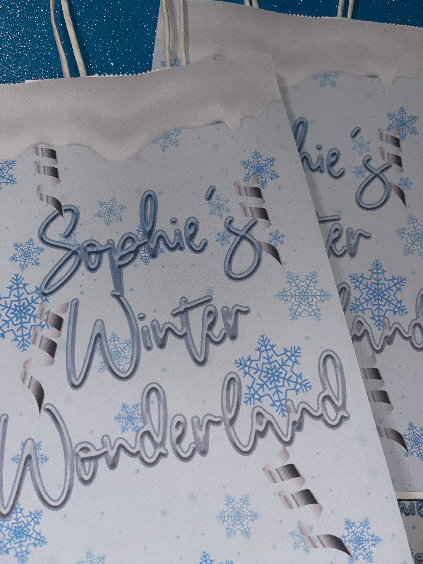 Winter Wonderland Party Favor Bags and Sticker Beverage Labels for Event or Birthday Party