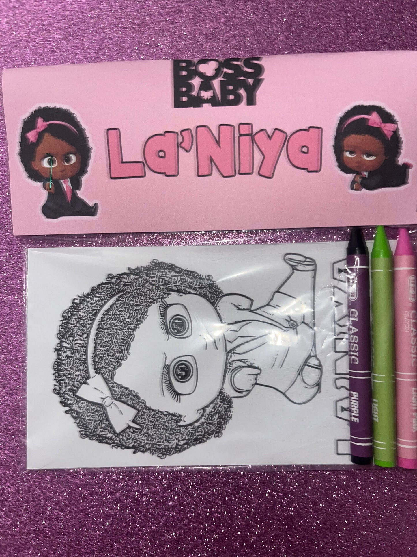 Boss Baby Girl Themed Personalized Coloring Page Simple Party Favor Quantity of 6 for Birthday Party