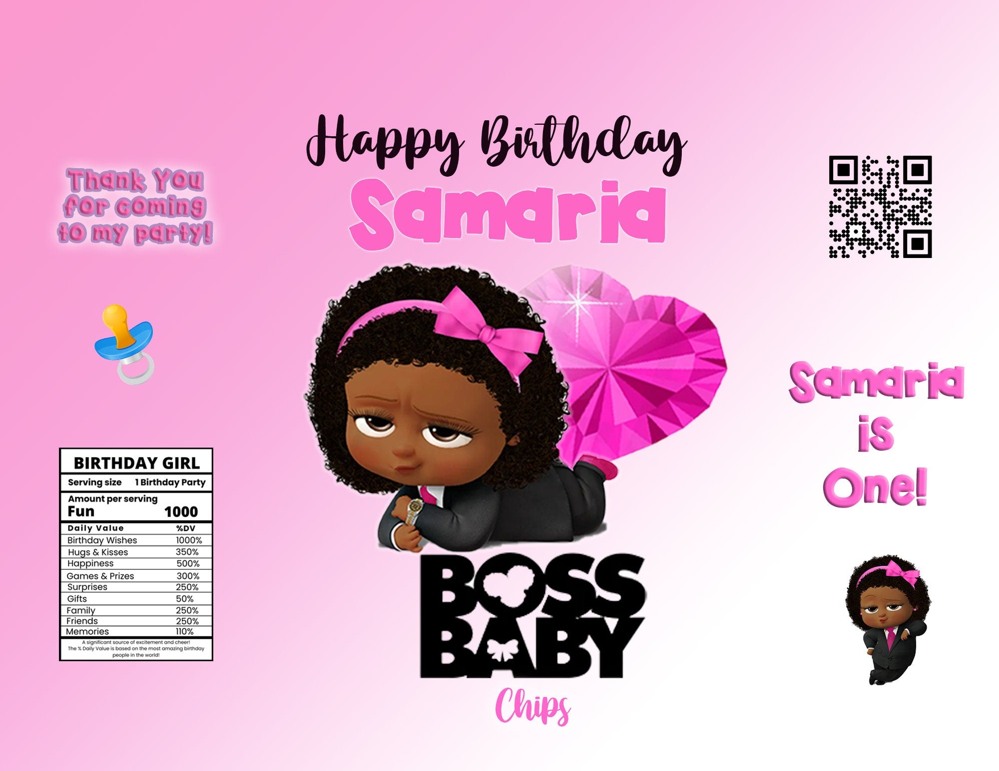 Boss Baby Girl or Boy Fruit Snack Pack Chip Bag Juice Box Labels for Birthday Party
