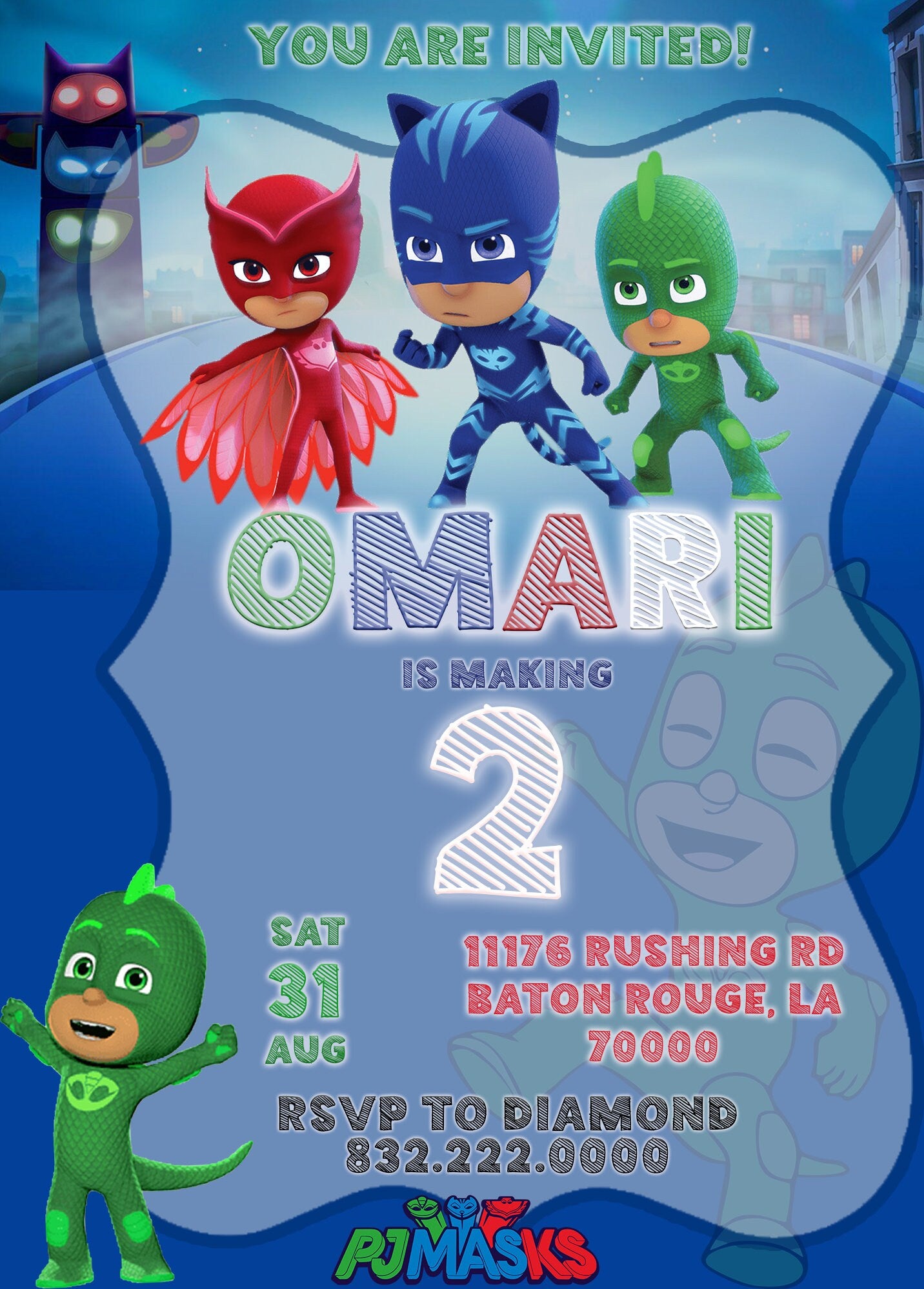 PJ Masks Customized Party Invitation Download PNG 24-48 Hour Turnaround