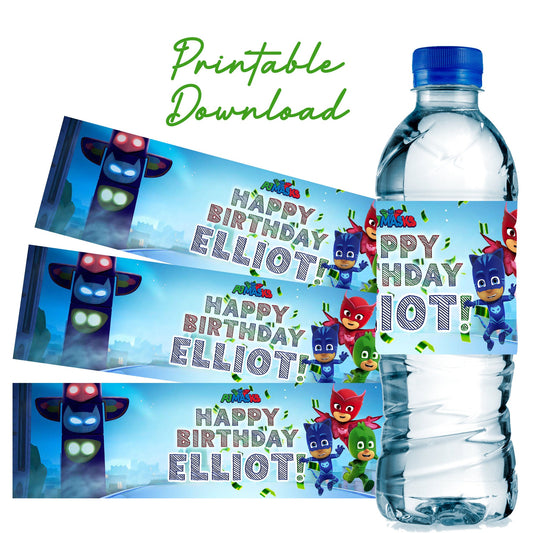 Personalized PJ MASKS Birthday Water Bottle Label Download PDF for Printing