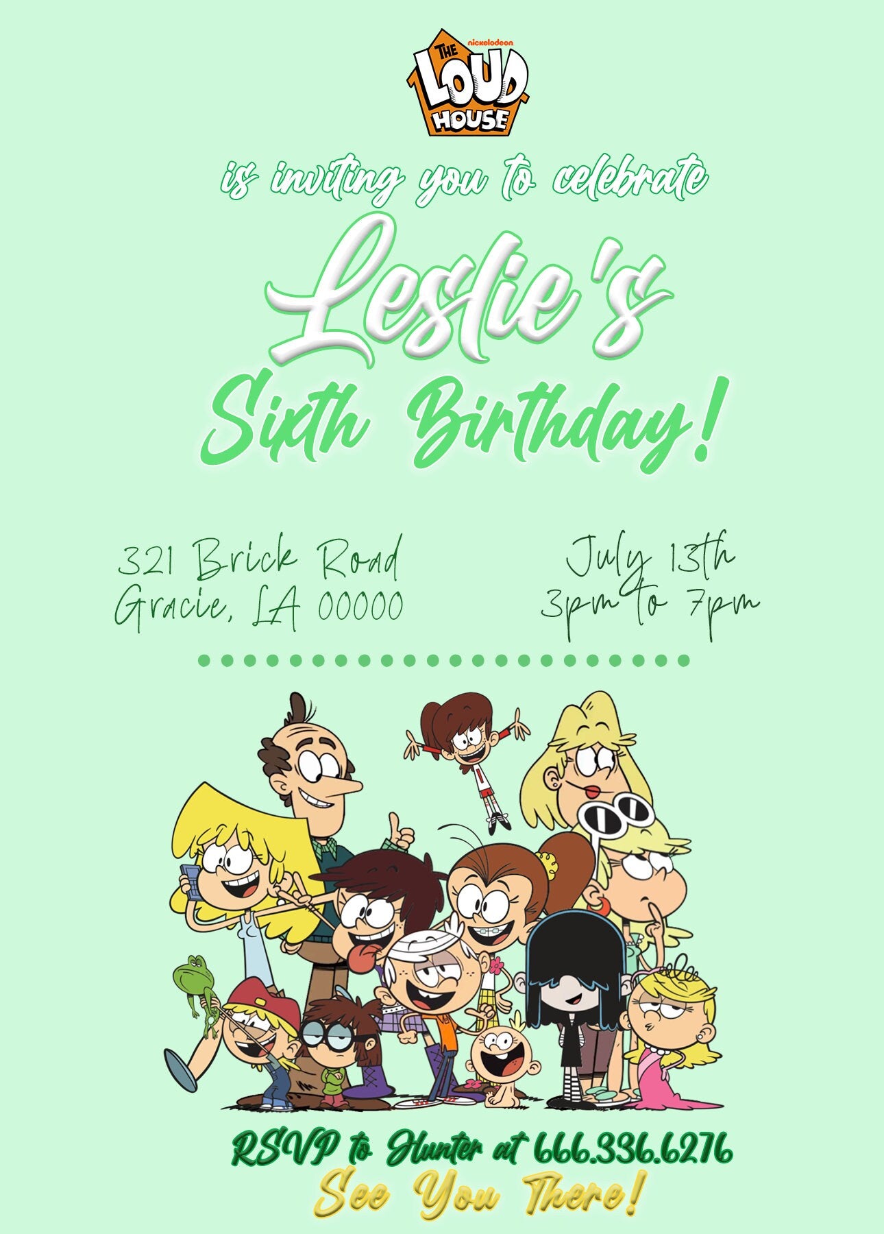 Loudhouse Birthday Party Green Invitation Download PNG 24-48 Hour Turnaround